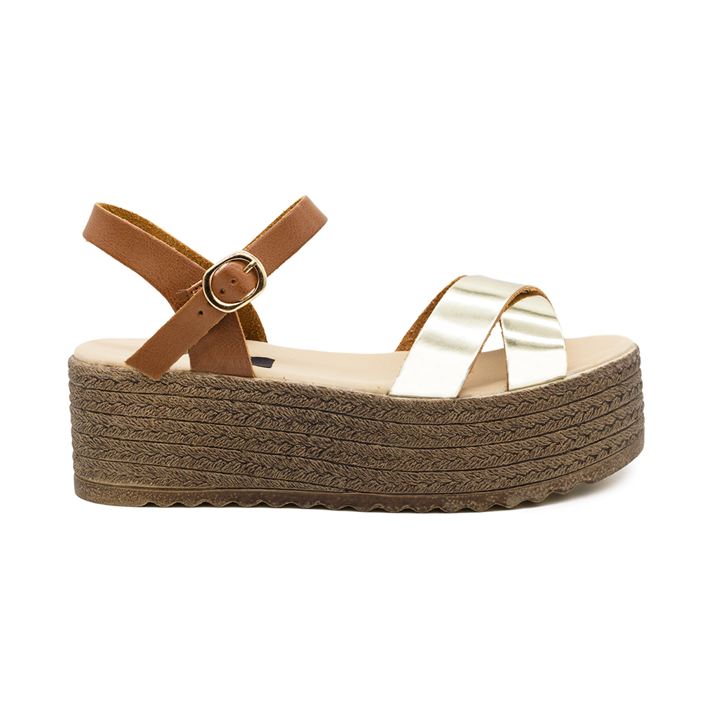 Flatforms χρυσά χιαστί με καμελ λουρί ΧΡΥΣΟ