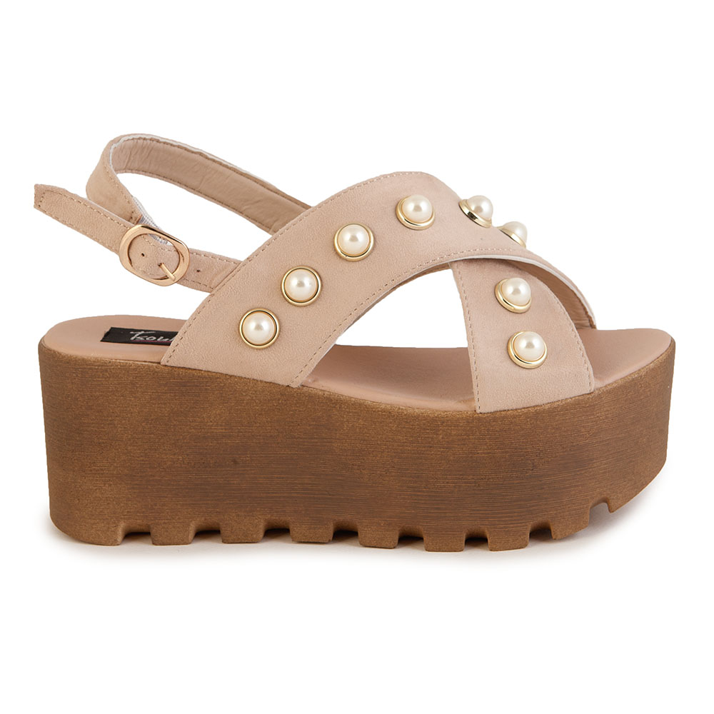 Flatforms μπεζ σουέτ χιαστί με πέρλες με λουράκι ΜΠΕΖ
