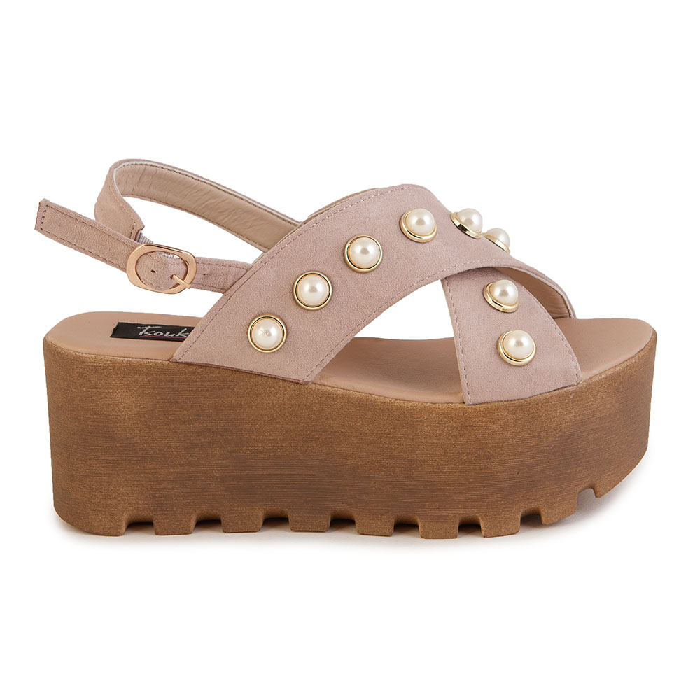 Flatforms ροζ σουέτ χιαστί με πέρλες με λουράκι ΡΟΖ