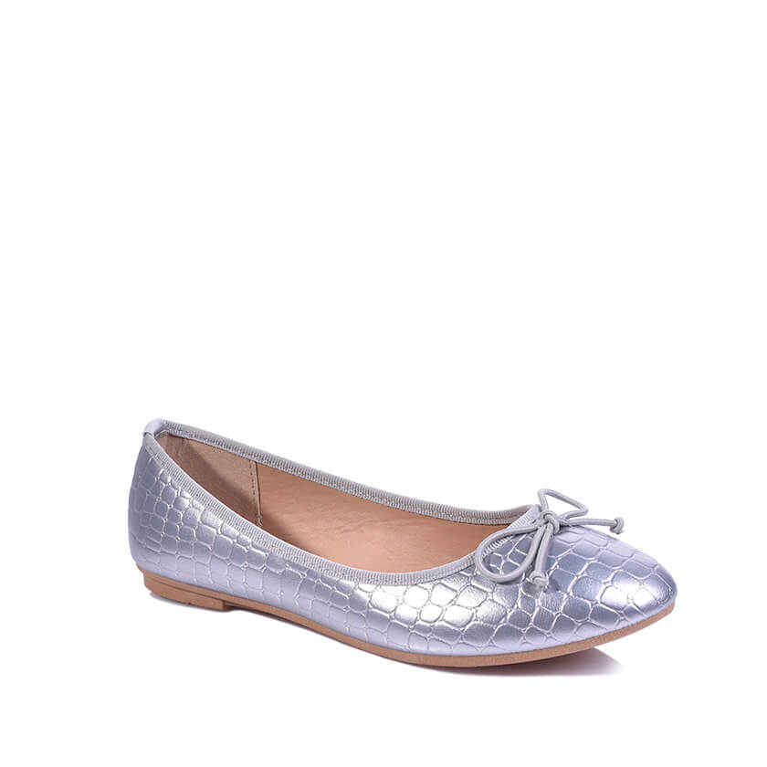 Μπαλαρίνες ασημί δερματίνη κροκό με φιογκάκι ΑΣΗΜΙ