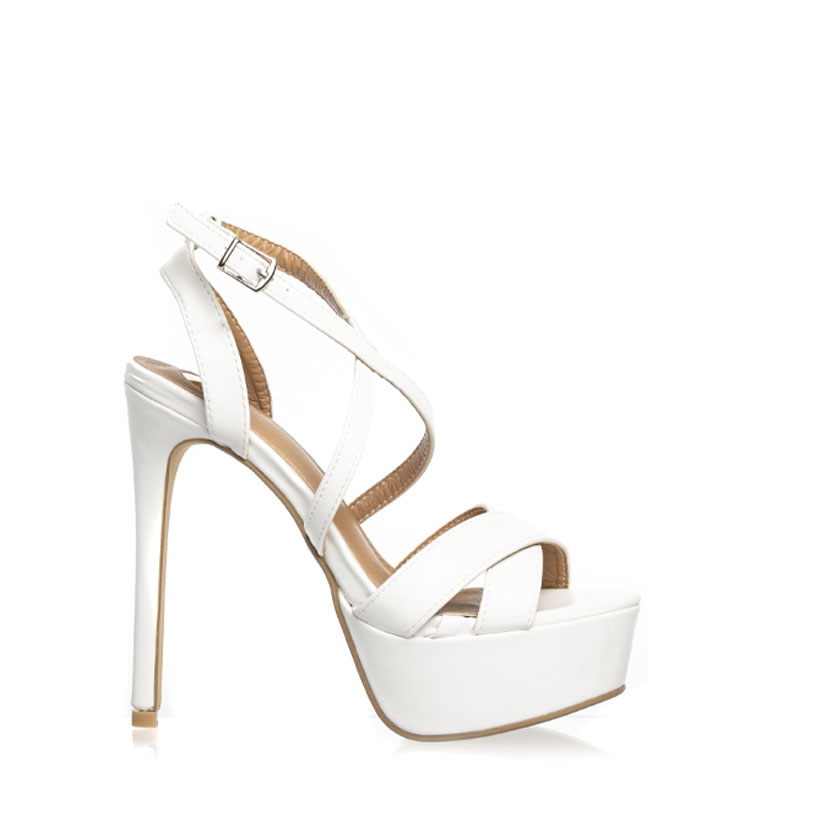 Πέδιλα λευκά δερματίνη χιαστί με λεπτό τακούνι ΛΕΥΚΟ