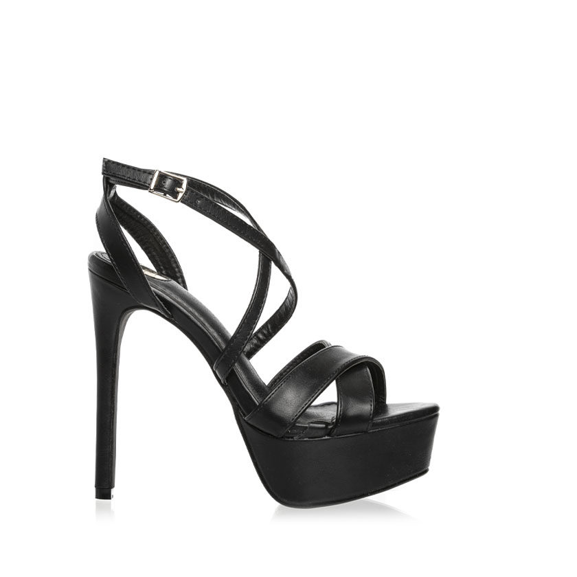 Πέδιλα μαύρα δερματίνη χιαστί με λεπτό τακούνι ΜΑΥΡΟ