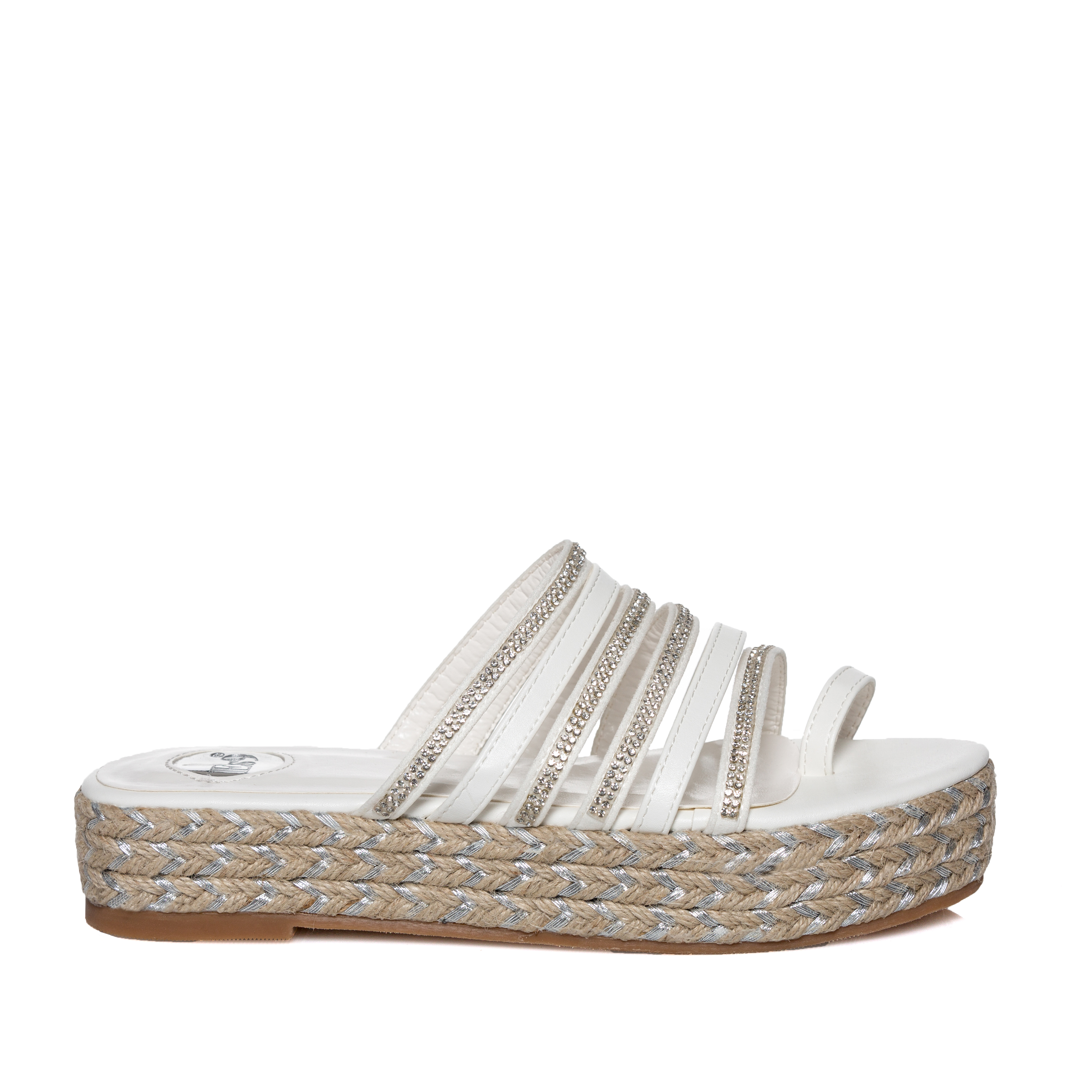 Flatforms λευκά δερματίνη με λουριά και στρας ΛΕΥΚΟ