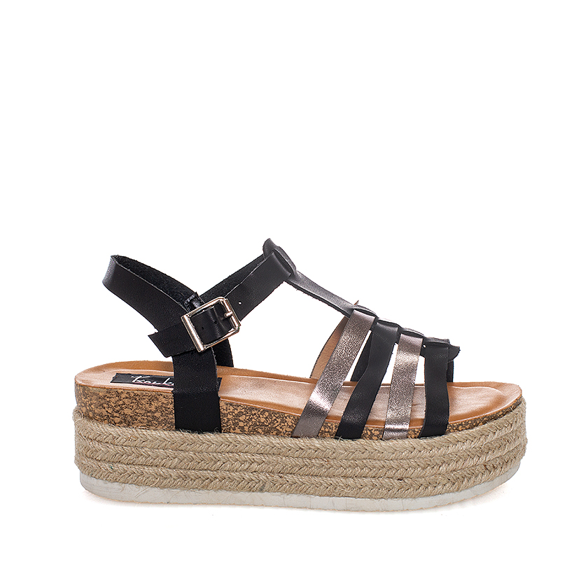 Flatforms μαύρα ασημί δερματίνη με λουριά ΜΑΥΡΟ