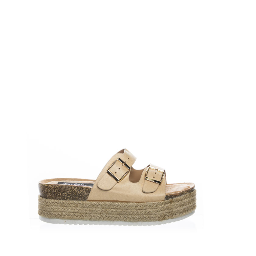 Flatforms μπεζ σουέτ με λουράκια και αγκράφα ΜΠΕΖ