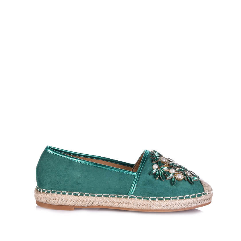 Εσπαντρίγιες πράσινες σουέτ με πέρλες και στρας ΠΡΑΣΙΝΟ