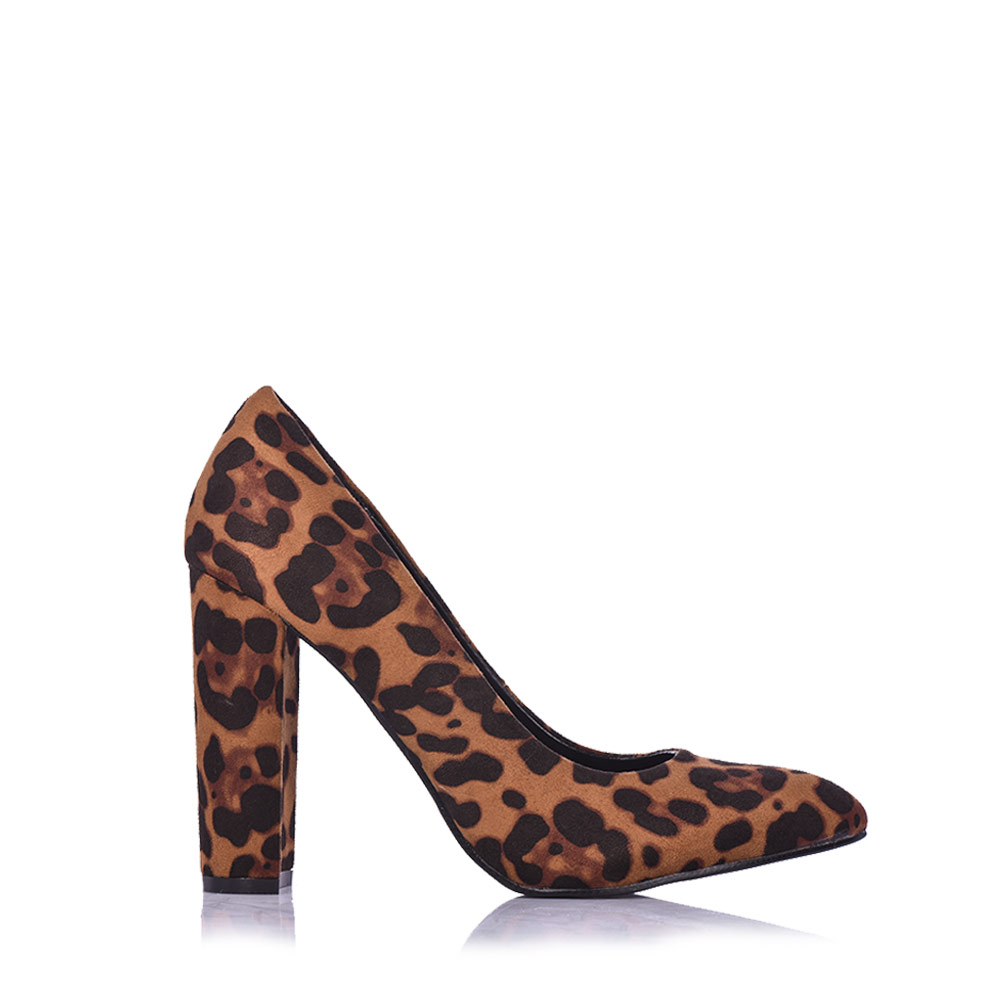 Γόβες λεοπάρ σουέτ μυτερές με χοντρό τακούνι ΛΕΟΠΑΡ