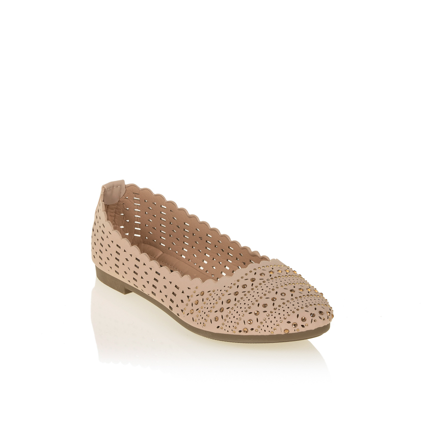 Μπαλαρίνες μπεζ δερματίνη διάτρητες με διακοσμητικά στρας ΜΠΕΖ