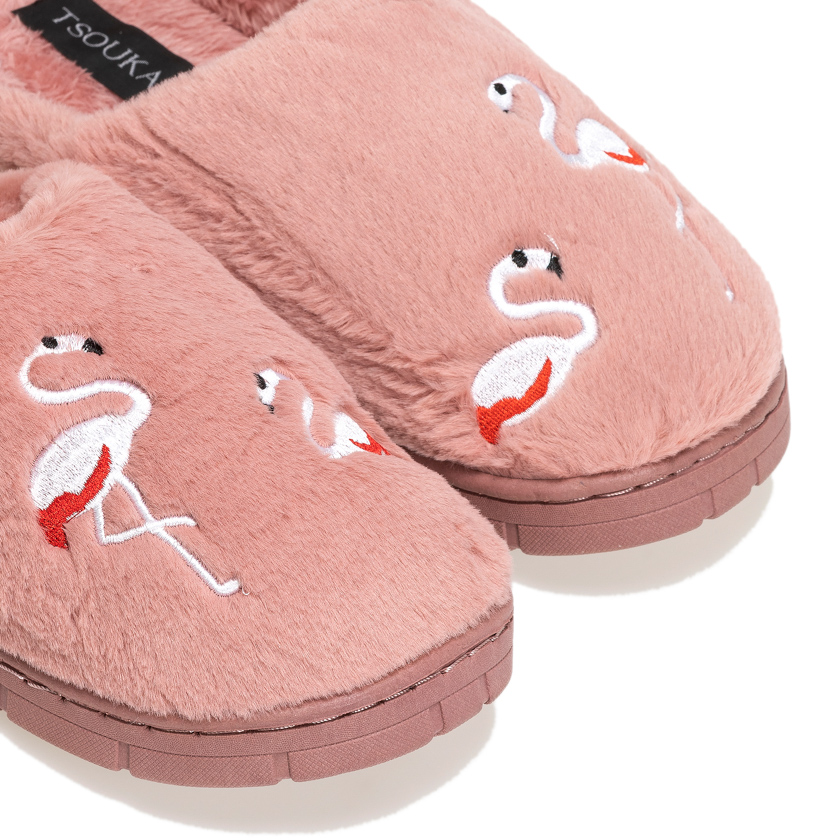 Παντόφλες σάπιο μήλο γούνινες με flamingo ΣΑΠΙΟ ΜΗΛΟ