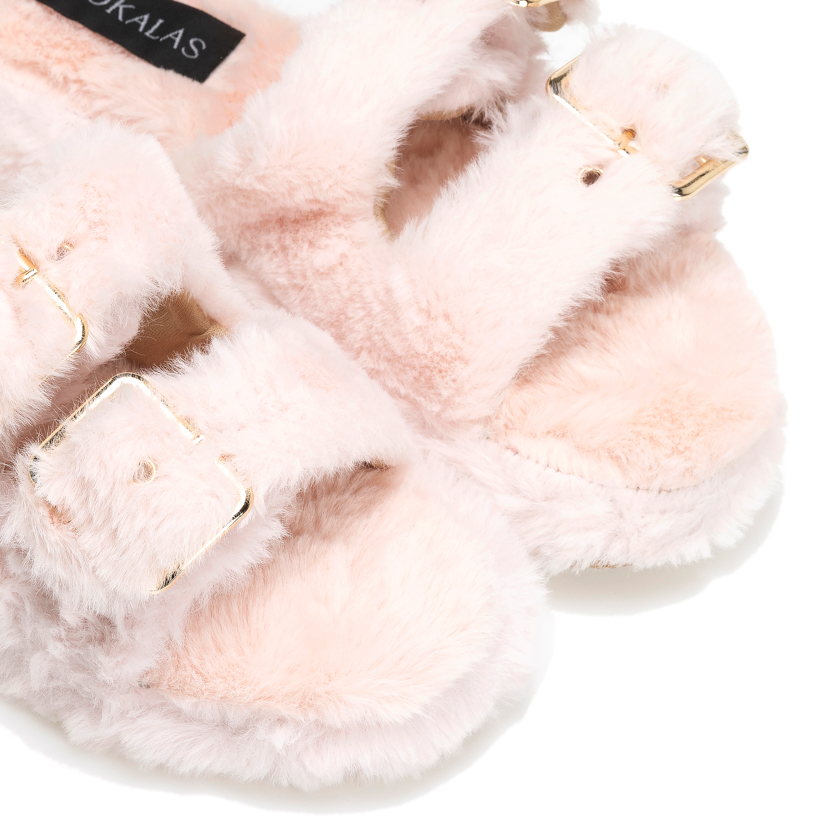 Παντόφλες ροζ γούνινες με διπλό λουράκι και αγκράφα ΡΟΖ