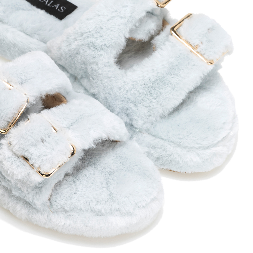 Παντόφλες γαλάζιες γούνινες με διπλό λουράκι και αγκράφα ΓΑΛΑΖΙΟ