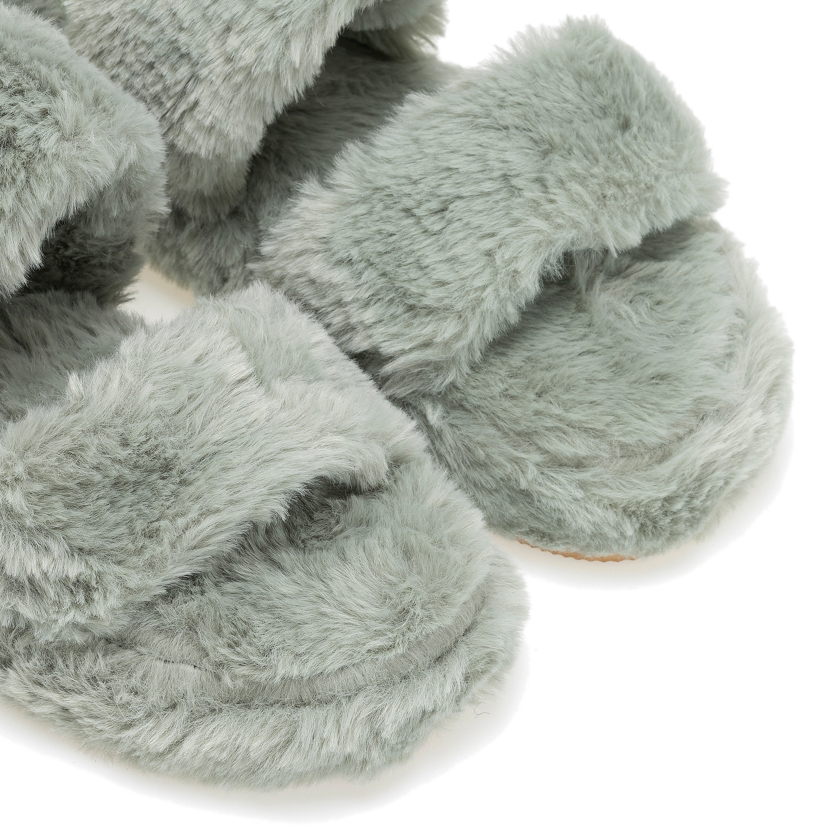 Tsoukalas Παντόφλες πράσινες γούνινες με διπλή φάσα και λάστιχο ΠΡΑΣΙΝΟ