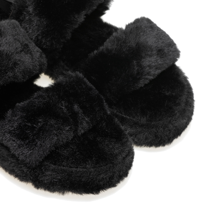 Παντόφλες μαύρες γούνινες με διπλή φάσα και λάστιχο ΜΑΥΡΟ