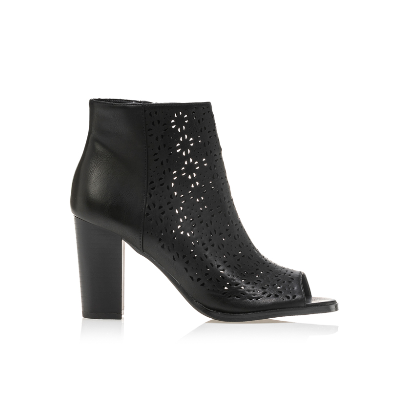Πέδιλα peep toe μποτάκια μαύρα δερματίνη με διάτρητο σχέδιο ΜΑΥΡΟ