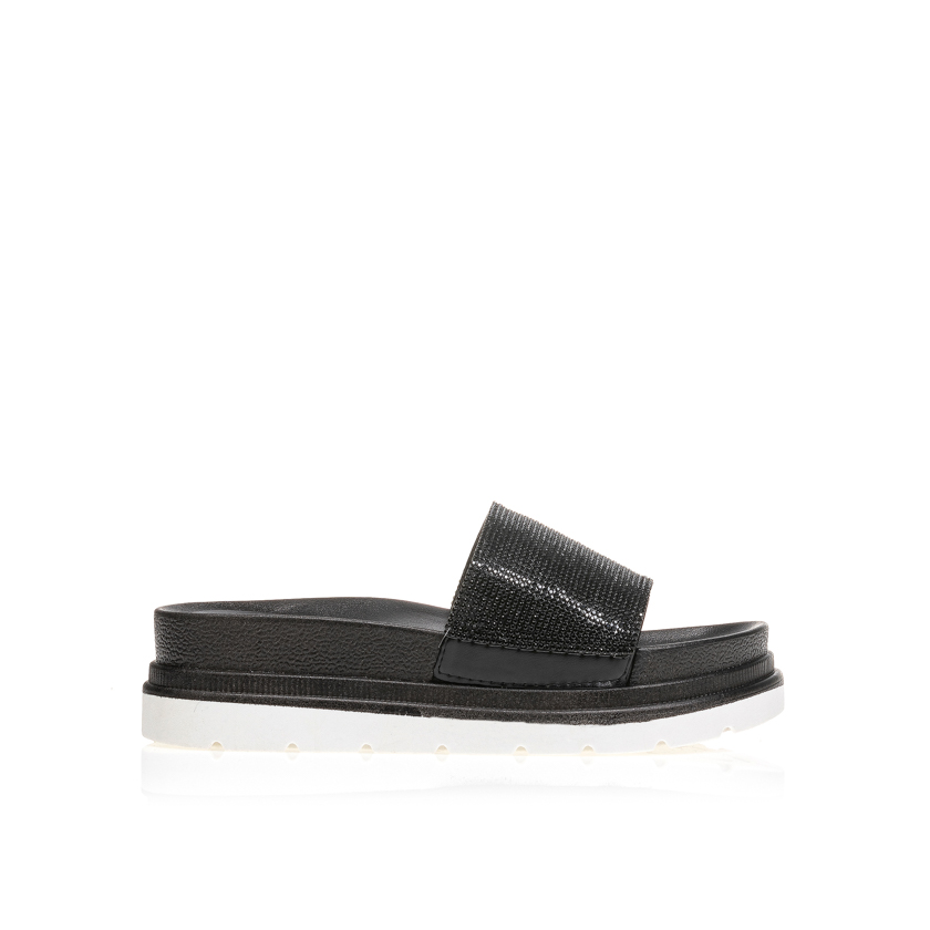 Flatforms μαύρα δερματίνη με στρας στη φάσα ΜΑΥΡΟ