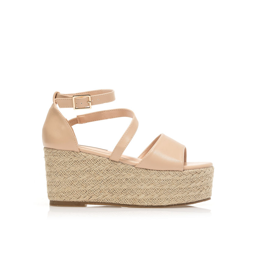 Flatforms nude δερματίνη με φαρδιά φάσα και λοξό λουράκι NUDE