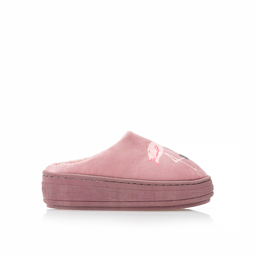 Παντόφλες ροζ σουέτ με σχέδιο flamingo ΡΟΖ