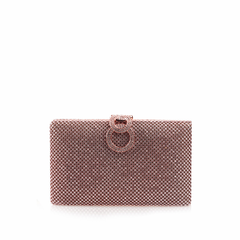 Clutch ροζ χρυσό υφασμάτινο με πλέξη από στρας και μεταλλικό κούμπωμα ΜΠΡΟΝΖΕ
