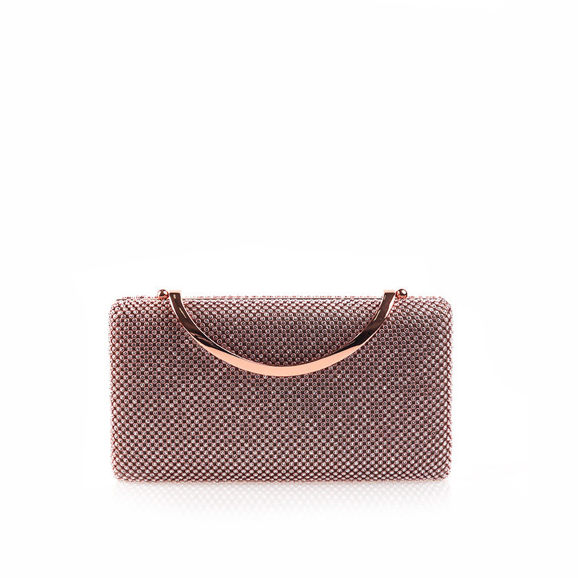Clutch ροζ χρυσό υφασμάτινο με πλέξη από στρας και μεταλλικό κούμπωμα ΜΠΡΟΝΖΕ