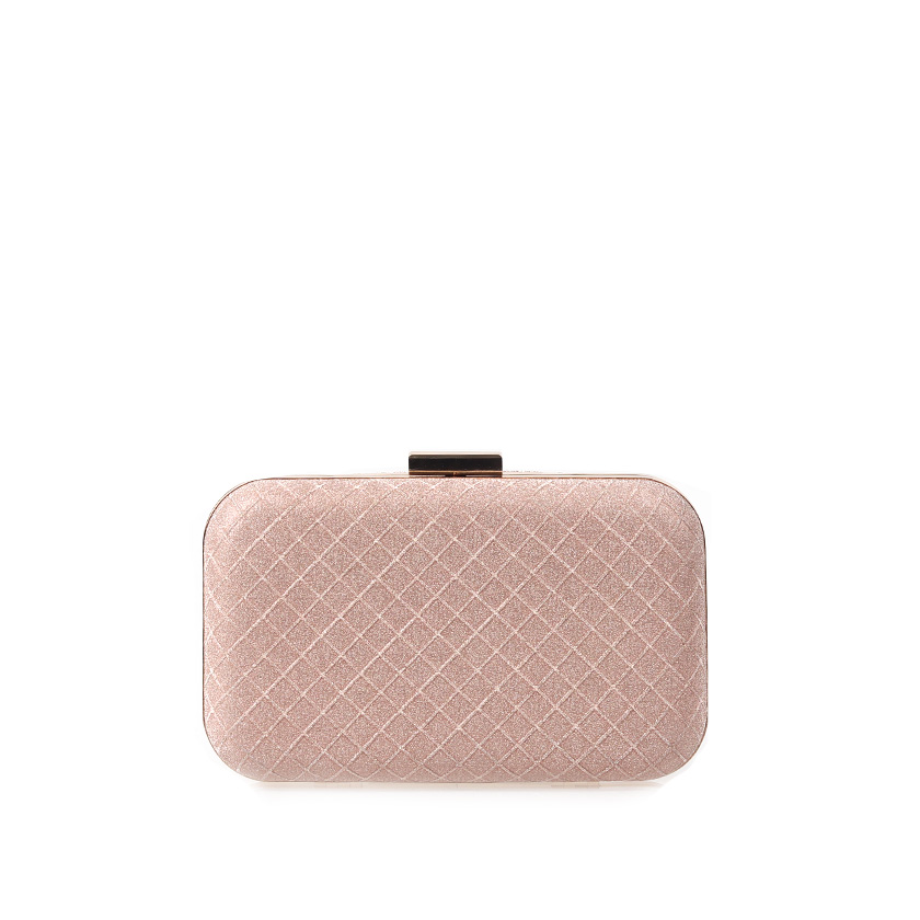 Clutch ροζ χρυσό υφασμάτινο με γκλίτερ και μεταλλική χειρολαβή ΜΠΡΟΝΖΕ