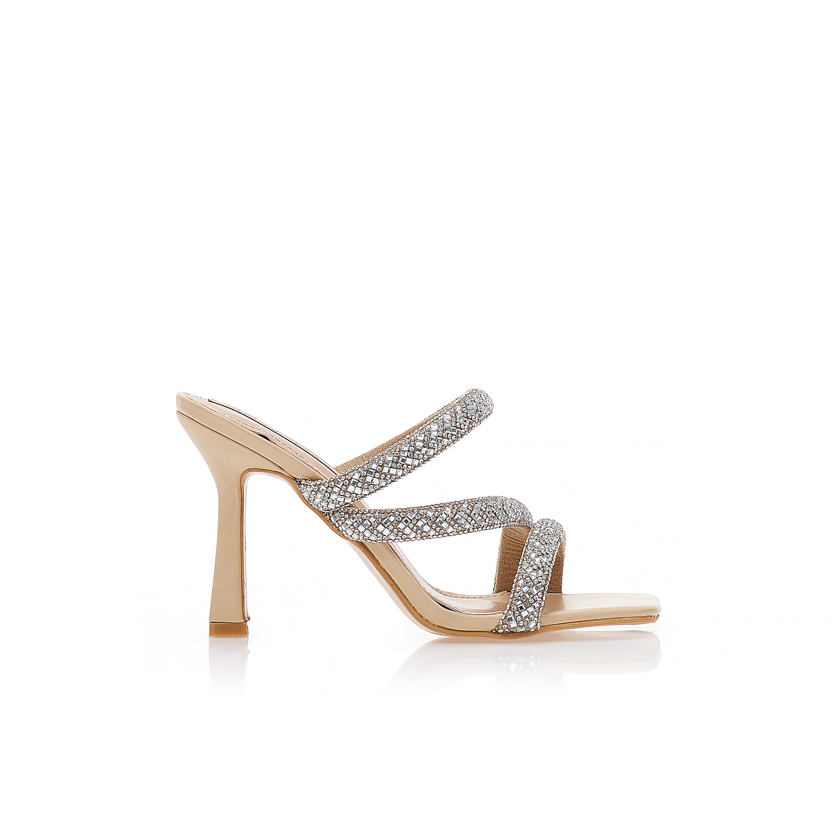 Πέδιλα mules μπεζ δερματίνη με λουράκια στρας ΜΠΕΖ