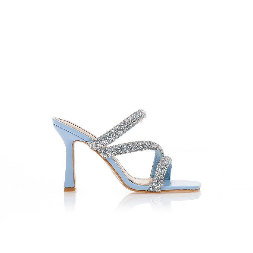 Πέδιλα mules γαλάζια δερματίνη με λουράκια στρας ΓΑΛΑΖΙΟ