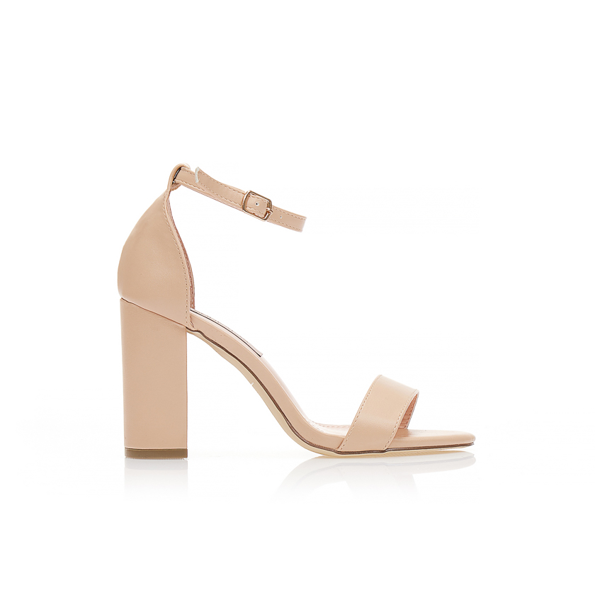 Πέδιλα nude δερματίνη με λουράκι στον αστράγαλο και χοντρό τακούνι NUDE