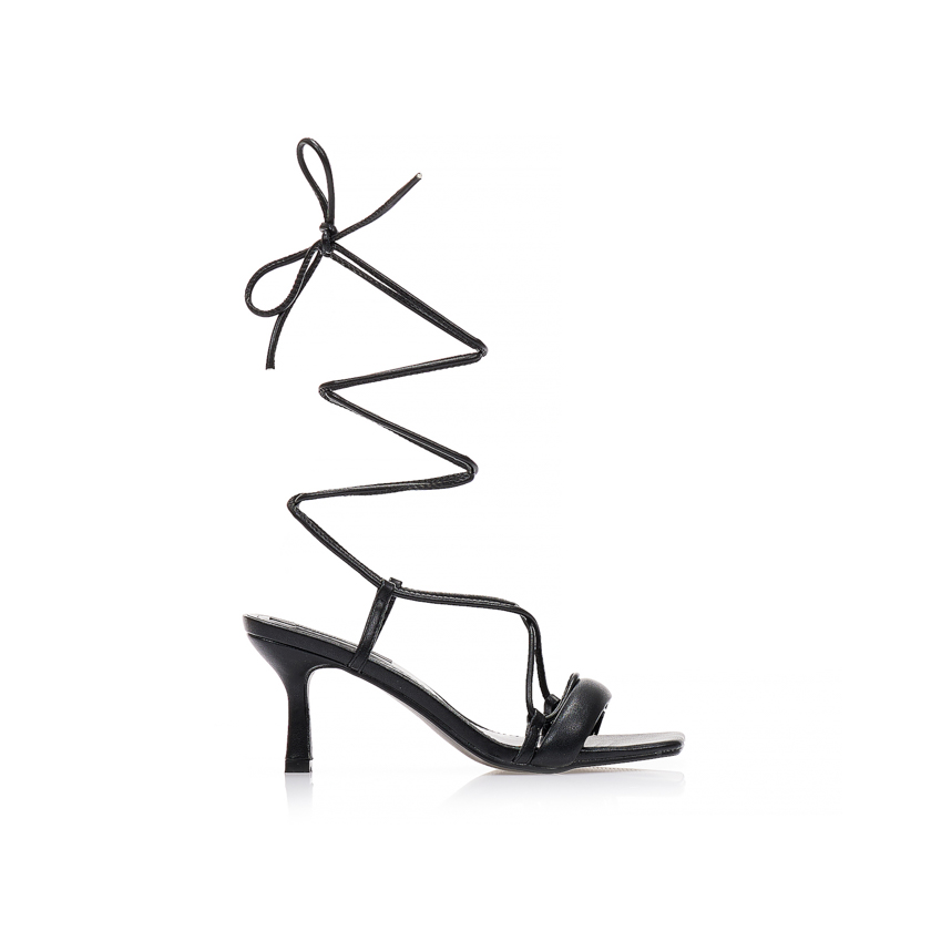 Πέδιλα mules μαύρα δερματίνη δετά με λουράκια και λεπτή φάσα ΜΑΥΡΟ