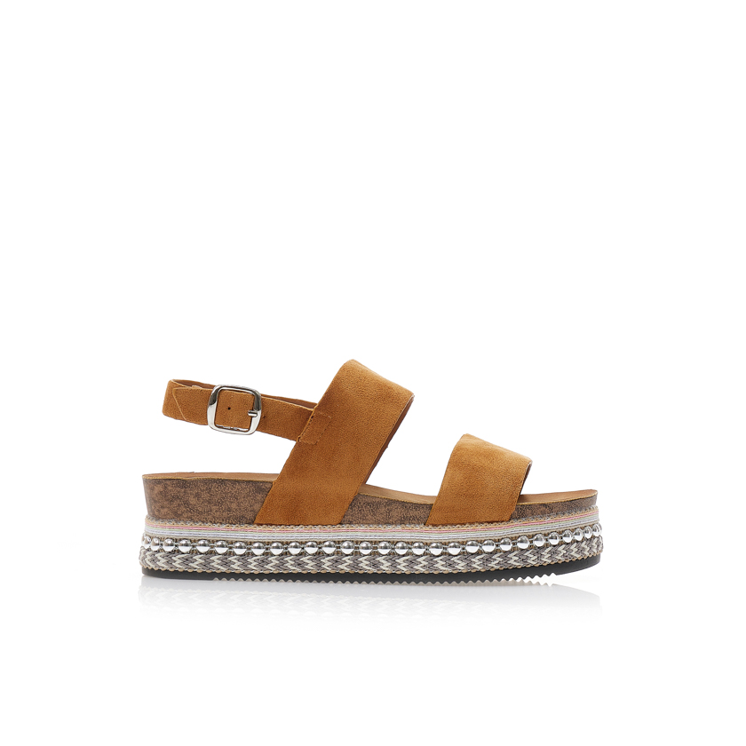 Flatforms κάμελ σουέτ με διπλή φάσα και λουράκι στον αστράγαλο ΚΑΜΕΛ