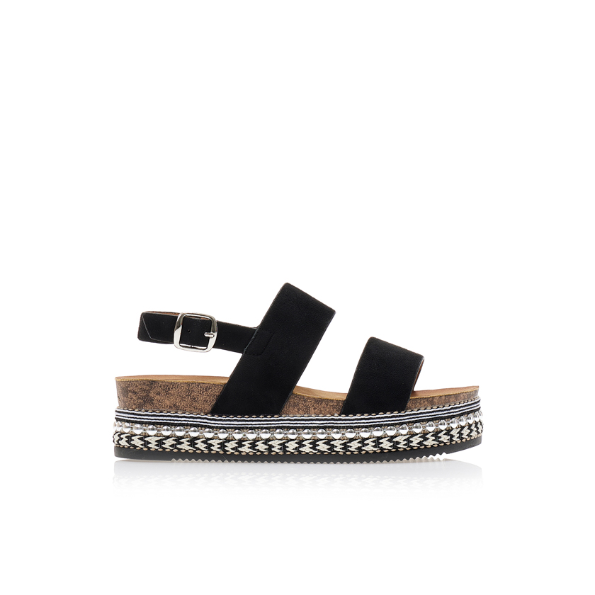 Flatforms μαύρα σουέτ με διπλή φάσα και λουράκι στον αστράγαλο ΜΑΥΡΟ