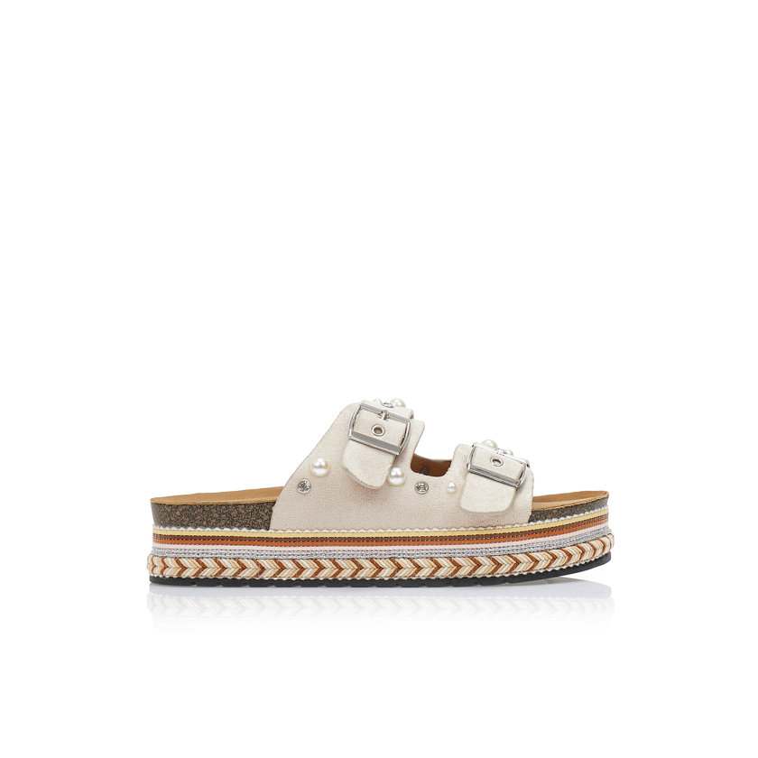 Flatforms μπεζ σουέτ με φάσα από λουράκια και διακοσμητικά στρας και περλες ΜΠΕΖ