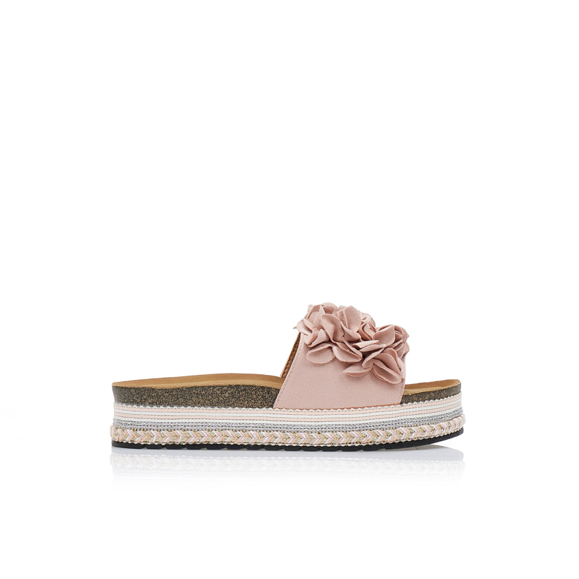 Flatforms ροζ σουέτ με διακοσμητικά λουλούδια στη φάσα και κέντημα στη σόλα ΡΟΖ