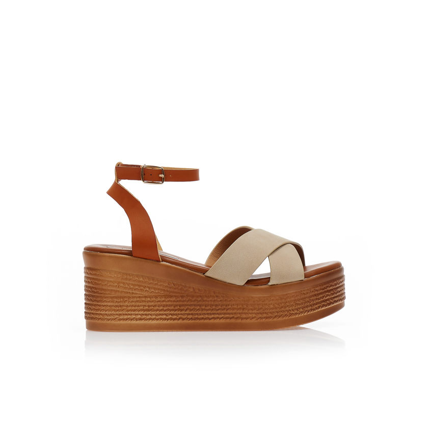 Πλατφόρμες πούρο δερματίνη με χιαστί φάσα και κάμελ λουράκι στον αστράγαλο ΠΟΥΡΟ