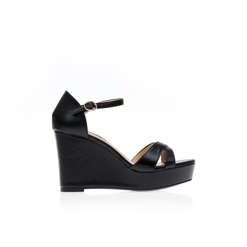 Πλατφόρμες μαύρες δερματίνη με χιαστί φάσα και λουράκι στον αστράγαλο ΜΑΥΡΟ