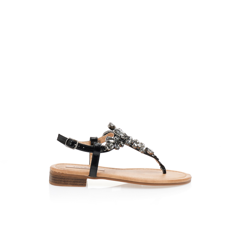 Tsoukalas Σανδάλα μαύρα δερματίνη με διακοσμητικές πέτρες και στρας ΜΑΥΡΟ