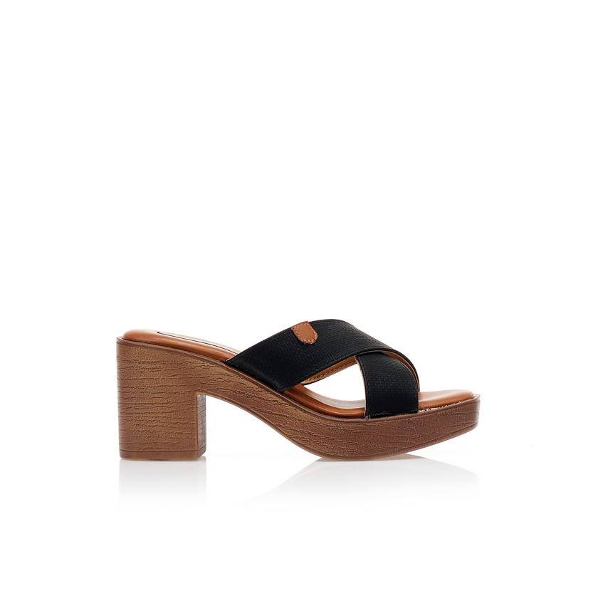 Tsoukalas Πέδιλα mules μαύρα δερματίνη με χιαστί φάσα και καρό σχέδιο ΜΑΥΡΟ