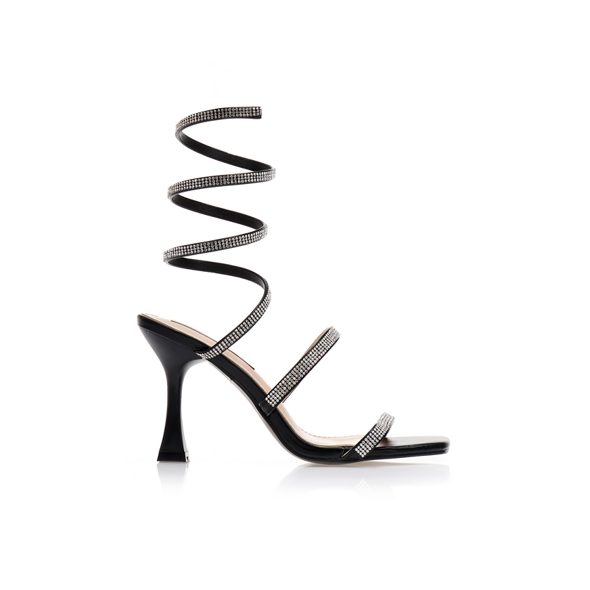 Πέδιλα μαύρα δερματίνη με πολλαπλά λουράκια από στρας ΜΑΥΡΟ