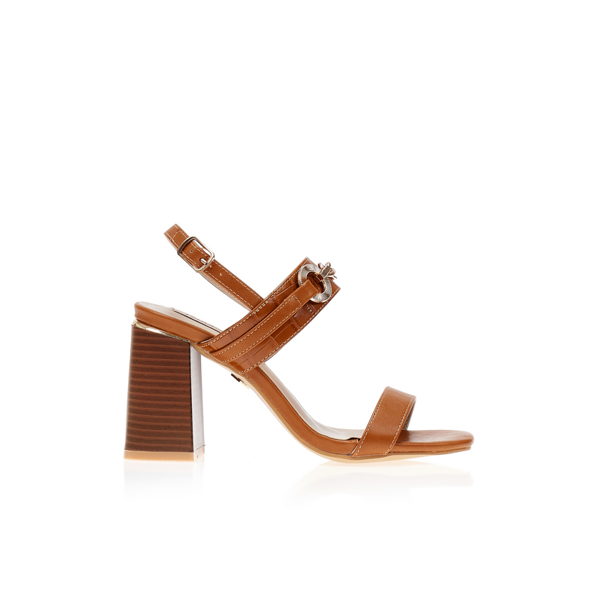 Πέδιλα κάμελ δερματίνη με animal print και χρυσές λεπτομέρειες ΚΑΜΕΛ