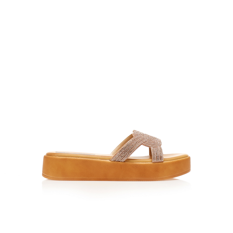 Tsoukalas Flatforms μπρονζέ δερματίνη με πλέξη από στρας ΜΠΡΟΝΖΕ