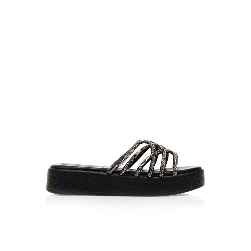 Tsoukalas Flatforms μαύρα δερματίνη με ιδιαίτερη φάσα από στρας ΜΑΥΡΟ