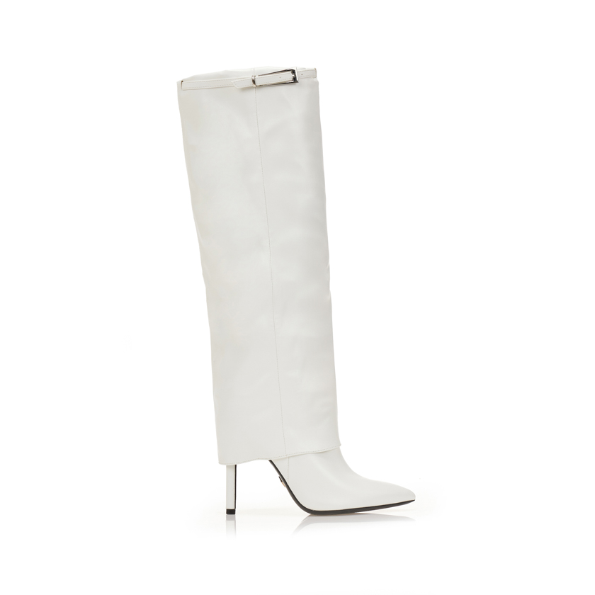 Μπότες λευκές δερματίνη με εφέ αναδιπλούμενης φάσας και ρυθμιζόμενο λουράκι στη γάμπα ΛΕΥΚΟ