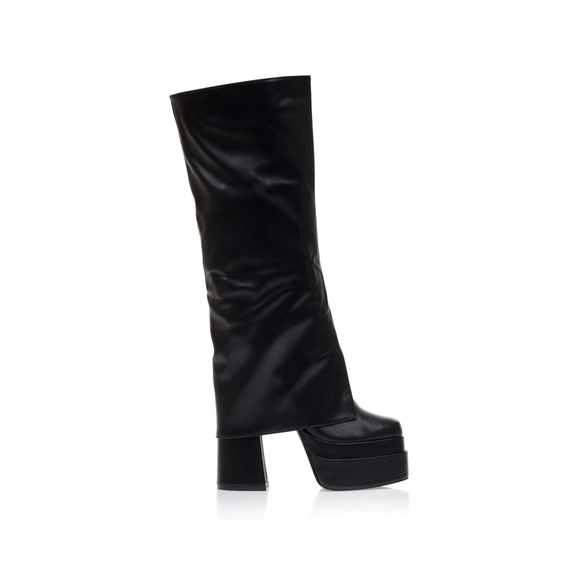 Μπότες μαύρες δερματίνη με φιάπα και εφέ αναδιπλούμενης φάσας ΜΑΥΡΟ