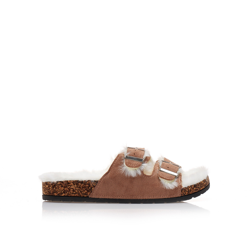 Παντόφλες πούρο σουέτ με γούνα και διπλή ρυθμιζόμενη φάσα ΠΟΥΡΟ