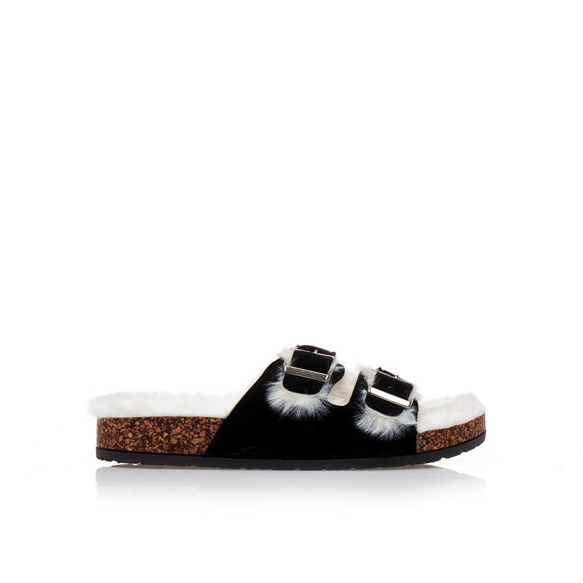 Παντόφλες μαύρες σουέτ με γούνα και διπλή ρυθμιζόμενη φάσα ΜΑΥΡΟ