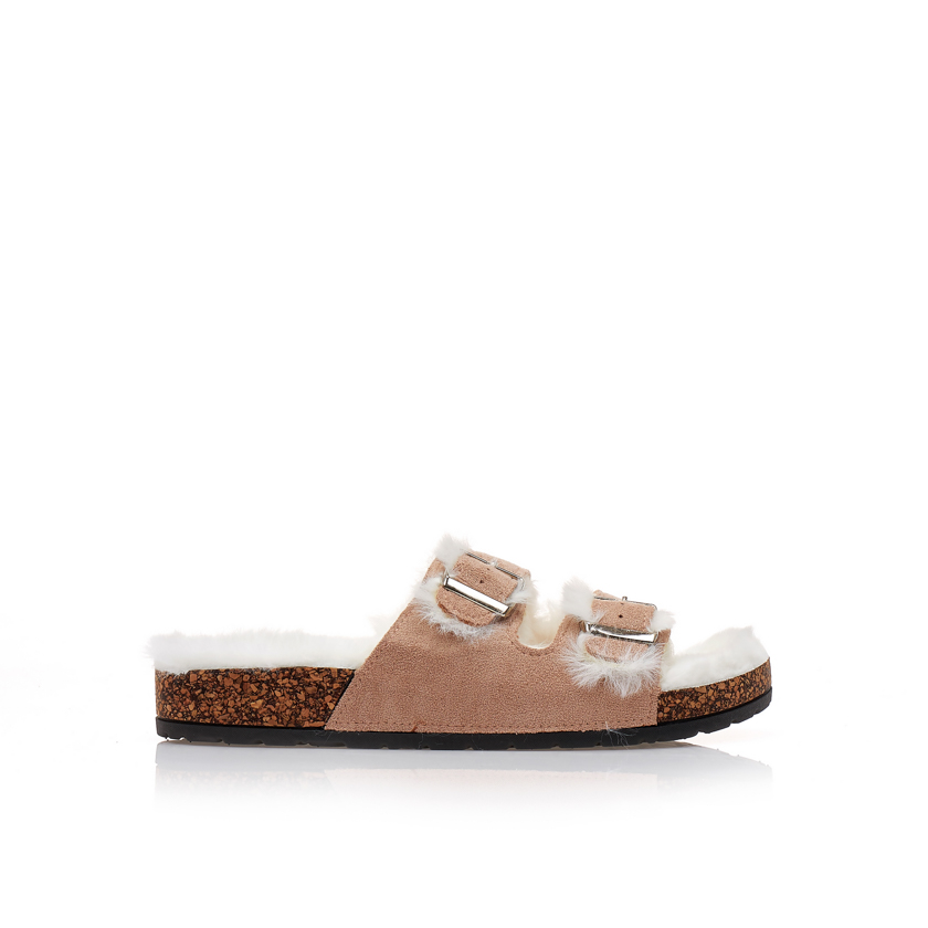 Παντόφλες μπεζ σουέτ με γούνα και διπλή ρυθμιζόμενη φάσα ΜΠΕΖ