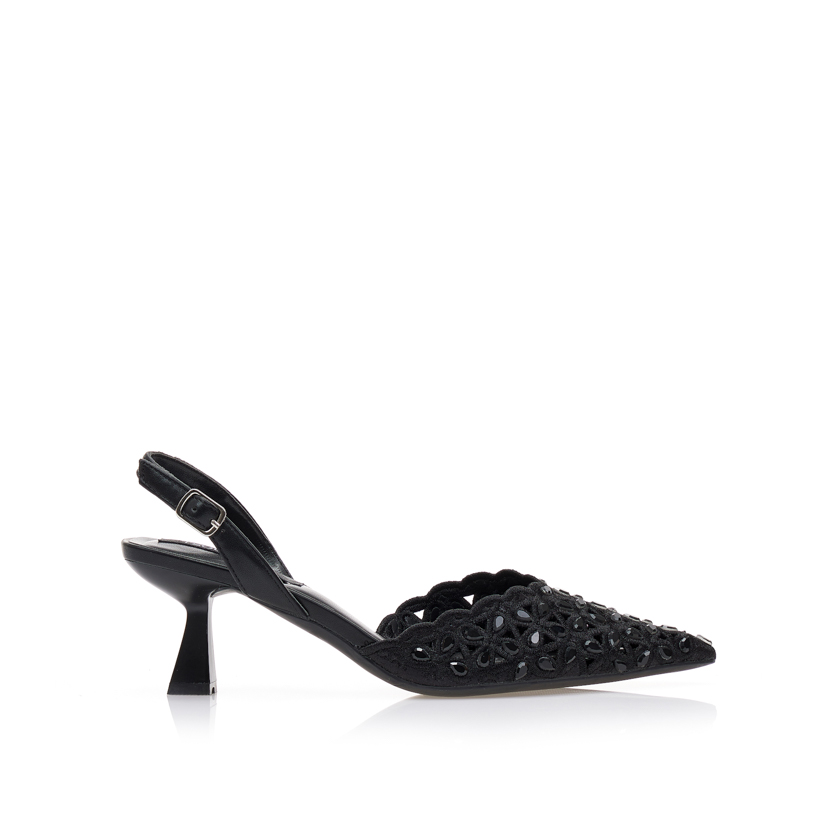 Γόβες mules μαύρες με διάτρητο σχέδιο και στρας ΜΑΥΡΟ