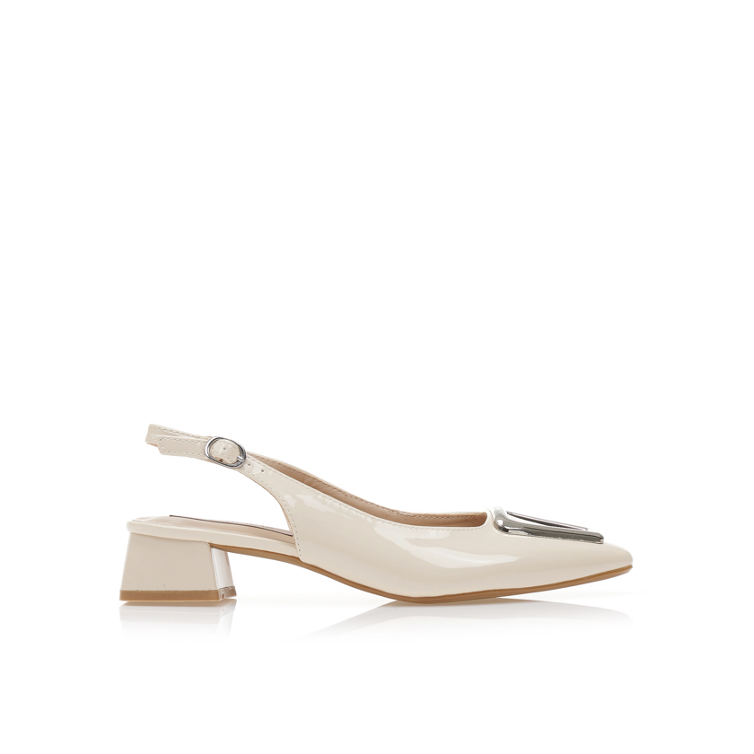 Γόβες mules μπεζ λουστρίνι με αγκράφα ΜΠΕΖ