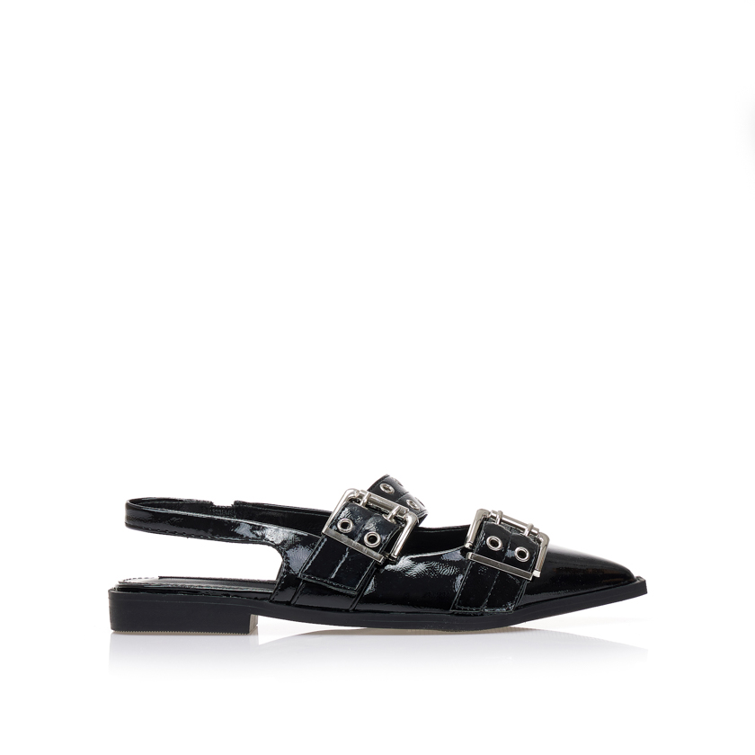 Γόβες mules μαύρες λουστρίνι με διακοσμητικά λουράκια και μπαρέτα ΜΑΥΡΟ