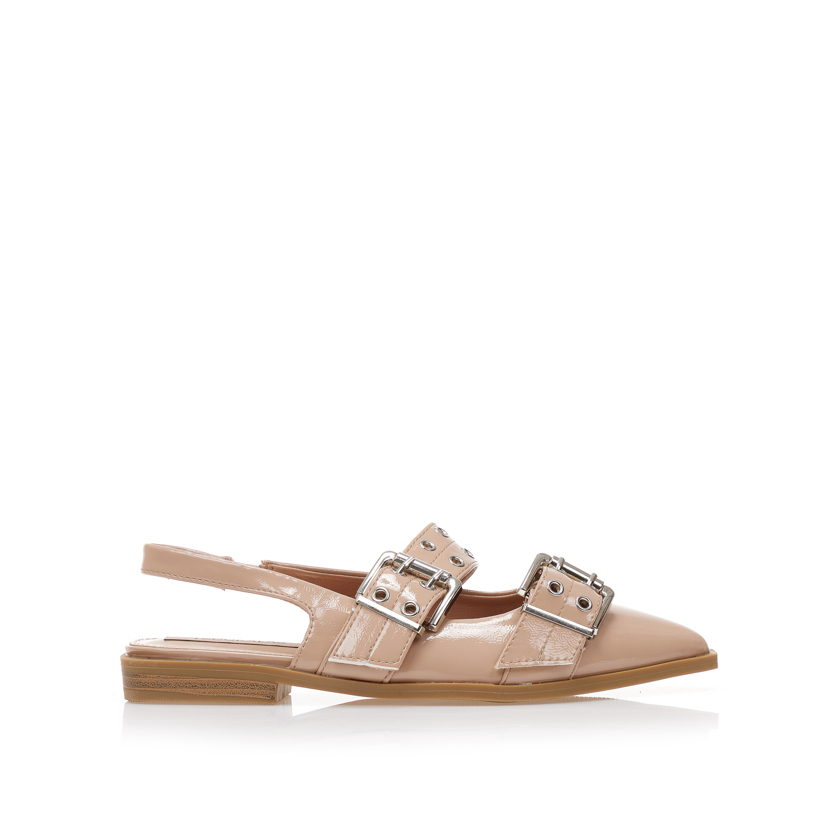 Γόβες mules μπεζ λουστρίνι με διακοσμητικά λουράκια και μπαρέτα ΜΠΕΖ