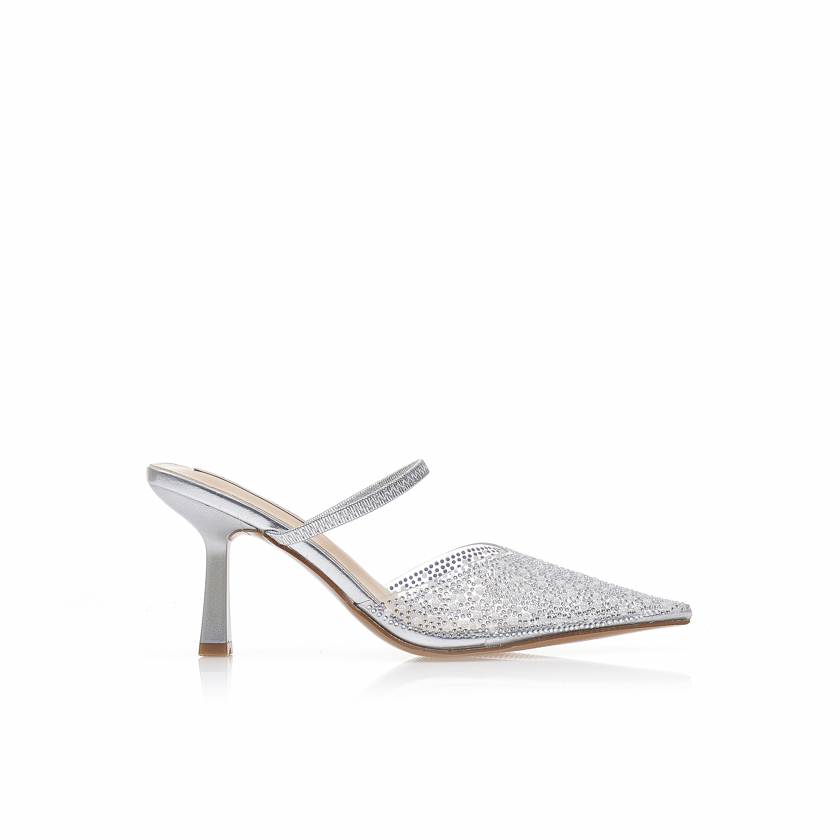 Γόβες mules ασημί δερματίνη με διαφάνεια και στρας ΑΣΗΜΙ